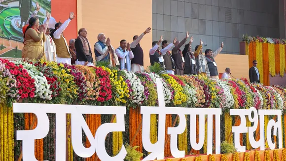 Narendra Modi with Rajnath Singh, Pankaj Chaudhary and others at a public meeting during the inauguration of 'Rashtriya Prerna Sthal' on the 101st birth anniversary of former prime minister Atal Bihari Vajpayee, in Lucknow.