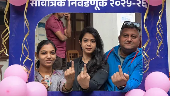 People show their ink marked fingers after casting votes at a polling station during the Nagpur Municipal Corporation (NMC) elections, in Nagpur, Maharashtra, Thursday, Jan. 15, 2026. (PTI Photo)