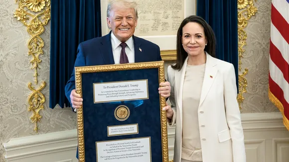 President Donald J. Trump meets with María Corina Machado of Venezuela in the Oval Office, during which she presented the President with her Nobel Peace Prize in recognition and honor.