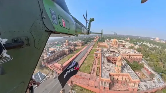 Indian Army's Dhruv Advanced Light Helicopter carrying the 'Operation Sindoor' flag along with its Rudra ALH-WSI helicopter and the Indian Air Force's (IAF) Rudra ALH Mark IV helicopter perform a flypast in 'Prahar' formation during the 77th Republic Day Parade, in New Delhi, on  In this screengrab from a video received on Jan. 26, 2026.