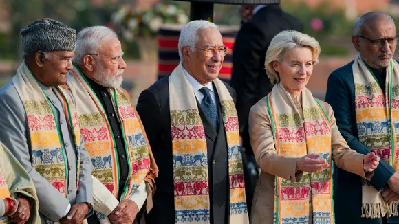 Vice President C. P. Radhakrishnan, Prime Minister Narendra Modi, former President Ram Nath Kovind, President of the European Commission Ursula von der Leyen and President of the European Council Antonio Costa during the ‘At-Home’ reception on the occasion of the 77th Republic Day, in New Delhi, Monday, Jan. 26, 2026.
