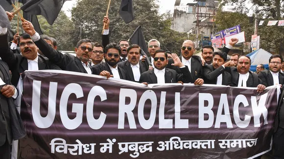 Advocates of the Allahabad High Court hold a protest against the UGC Bill 2026, which introduces stricter rules to curb caste-based discrimination in higher education, in Prayagraj, Thursday, Jan. 29, 2026.