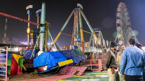 Police personnel at the spot after a swing fell down at Surajkund fair, in Faridabad, Saturday, Feb. 7, 2026.