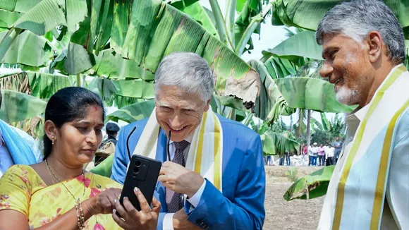 In this image from Feb. 16, 2026, Andhra Pradesh Chief Minister N Chandrababu Naidu with Former Microsoft CEO Bill Gates during a demonstration of drones used in farming, near Amaravati.