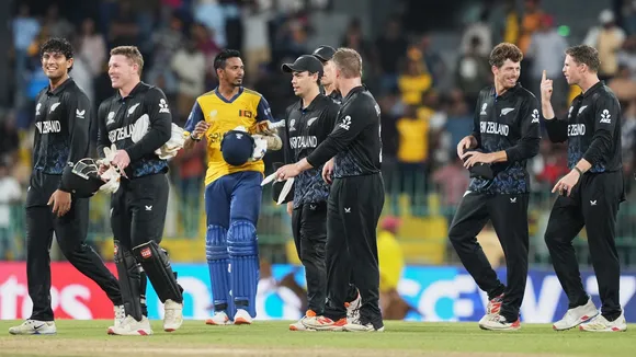 New Zealand's players celebrate and walk of the field after winning the T20 World Cup cricket match between Sri Lanka and New Zealand in Colombo, Sri Lanka, Wednesday, Feb. 25, 2026.