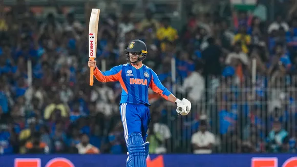 Abhishek Sharma celebrates his half century during an ICC Men's T20 World Cup 2026 cricket match between India and Zimbabwe, at the MA Chidambaram Stadium, in Chennai, Thursday, Feb. 26, 2026.