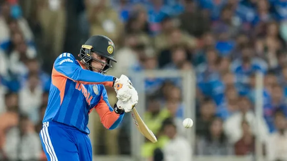 Abhishek Sharma plays a shot during the ICC Men's T20 World Cup 2026 final cricket match between India and New Zealand at Narendra Modi Stadium, in Ahmedabad, Gujarat, Sunday, March 8, 2026.