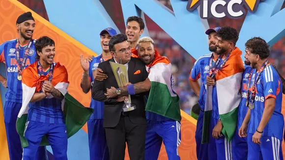 Hardik Pandya greets ICC Chairman Jay Shah during the ceremony as the team celebrates after winning the ICC Men's T20 World Cup 2026, at Narendra Modi Stadium, in Ahmedabad, Gujarat, Sunday, March 8, 2026.