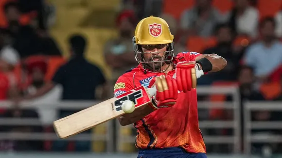 Punjab Kings batter Shashank Singh plays a shot during the Indian Premier League (IPL) 2024 match between Punjab Kings and Sunrisers Hyderabad, Mohali, Tuesday, April 9, 2024