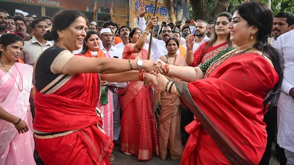 BJP leaders and workers celebrate amid the party's lead in the Haryana Assembly elections during the counting of votes, in Mumbai, Tuesday, Oct. 8, 2024.