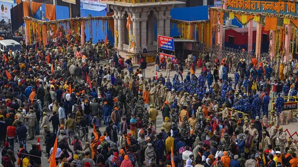 A massive crowd at the main gateway leading to the Ram temple in Ayodhya