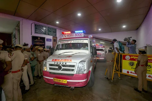 An ambulance brings arrested Tamil Nadu minister V Senthil Balaji to a private hospital for further treatment after the Madras High Court allowed the shifting, in Chennai