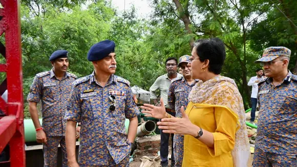Delhi Minister Atishi Singh inspects the broken barrage and improvement work of 12 number drain at Vikas Bhawan, ITO in New Delhi
