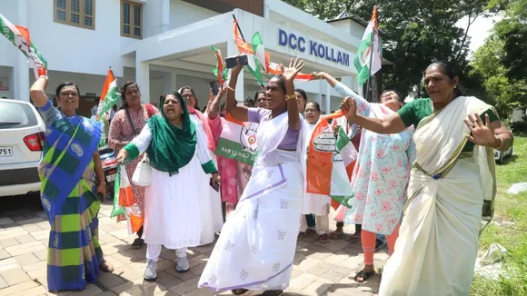 Mahila Congress workers celebrating UDF candidate N.K. Premachandran’s massive lead at the District Congress Committee office in Kollam in Kerala on June 4, 2024