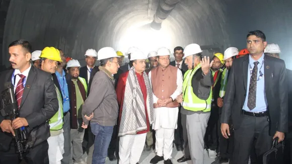 Nitin Gadkari and Uttarakhand Chief Minister Pushkar Singh Dhami review the rescue operation after a portion of an under-construction tunnel between Silkyara and Dandalgaon on the Brahmakhal-Yamunotri national highway collapsed, in Uttarkashi district, Sunday, Nov. 19, 2023