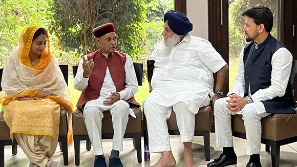 Anurag Thakur and his father Prem Kumar Dhumal visited SAD patriarch Parkash Singh Badal's native village in Punjab's Muktsar on Sunday and met Akali Dal chief Sukhbir Badal