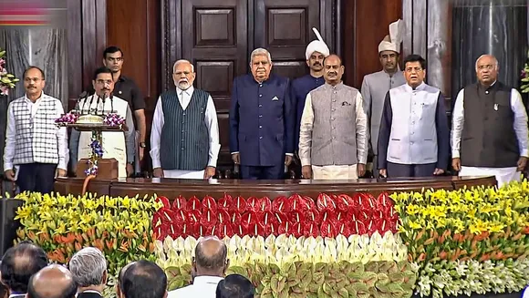 Vice President Jagdeep Dhankhar, Lok Sabha Speaker Om Birla, Prime Minister Narendra Modi, Congress President Mallikarjun Kharge, Union Ministers Pralhad Joshi and Piyush Goyal and Congress MP Adhir Ranjan Chowdhury during an event organised in the Central Hall of Parliament