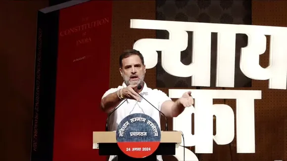 Rahul Gandhi addresses the Samvidhan Samman Sammelan in Prayagraj on August 24, 2024