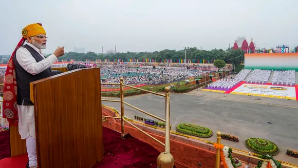 Prime Minister Narendra Modi reacts as he addresses the nation from the historic Red Fort on the occasion of the 77th Independence Day, in New Delhi, Tuesday