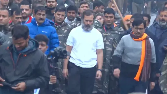 Rahul Gandhi and Shiv Sena (Uddhav faction) leader Sanjay Raut during Bharat Jodo Yatra in Kathua, Jammu and Kashmir