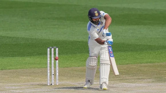 India's batter Rohit Sharma gets clean bowled during the second day of the fifth Test cricket match between India and England, in Dharamsala