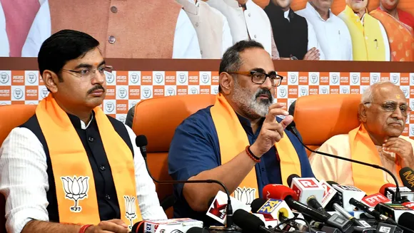 Union Minister and BJP leader Rajeev Chandrasekhar addresses a press conference ahead of the Madhya Pradesh Assembly elections, at BJP media center in Bhopal