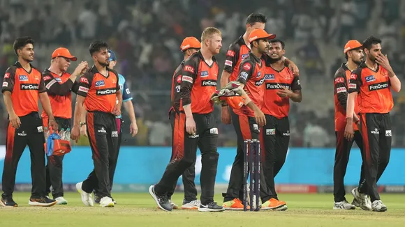 Sunrisers Hyderabad players celebrate after winning their IPL 2023 cricket match against Kolkata Knight Riders at Eden Gardens in on April 14