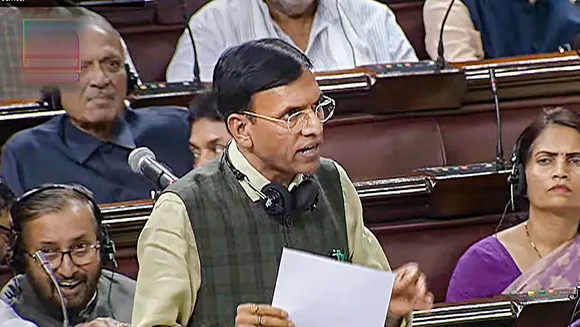 Union Minister Mansukh Mandaviya speaks in the Rajya Sabha during the Monsoon session of Parliament