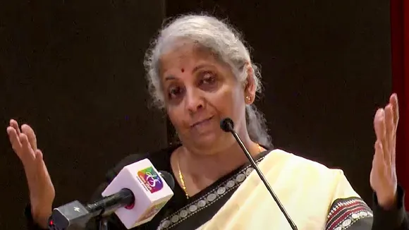 Union Finance Minister Nirmala Sitharaman speaks during an interactive session at Hindu College, in New Delhi