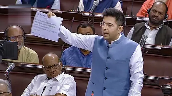 AAP MP Raghav Chadha participates in a debate on Government of National Capital Territory of Delhi(Amendment) Bill, 2023, in the Rajya Sabha during the Monsoon session of Parliament, in New Delhi, Monday, Aug. 7