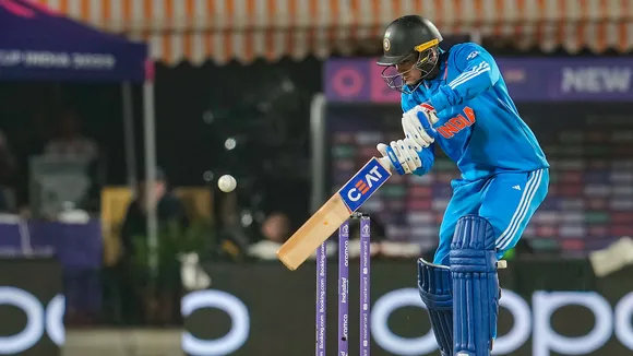 Shubman Gill plays a shot during the ICC Men's Cricket World Cup 2023 match between India and New Zealand at HPCA Stadium, in Dharamsala, Sunday, Oct. 22, 2023.