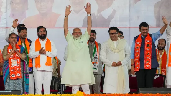 Prime Minister Narendra Modi with Maharashtra Navnirman Sena (MNS) chief Raj Thackeray during a rally for Lok Sabha elections, in Mumbai, Friday, May 17, 2024.