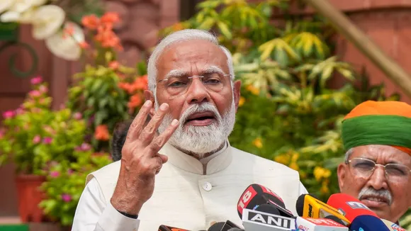 Prime Minister Narendra Modi addresses the media upon his arrival at the Parliament House complex on the first day of the first session of the 18th Lok Sabha, in New Delhi, Monday, June 24, 2024.