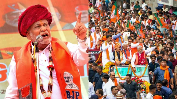 Union Minister of State and BJP candidate Parshottam Rupala addresses a gathering as he arrives to file his nomination papers for Lok Sabha elections, in Rajkot, Tuesday, April 16, 2024