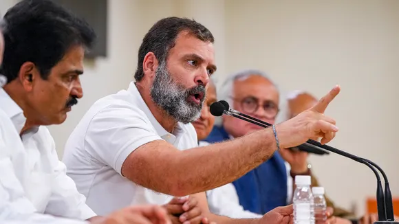 Rahul Gandhi with party leaders addressing a press conference at the AICC headquarters on March 25