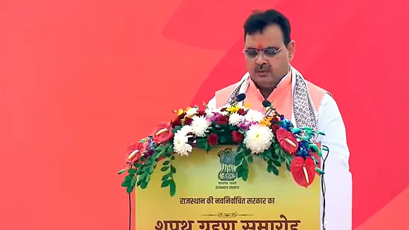 BJP leader Bhajan Lal Sharma takes oath as Rajasthan Chief Minister during his swearing-in ceremony, in Jaipur