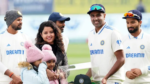Ravichandran Ashwin with his family after receiving the 100th Test cap before the start of the fifth Test cricket match between India and England, in Dharamshala