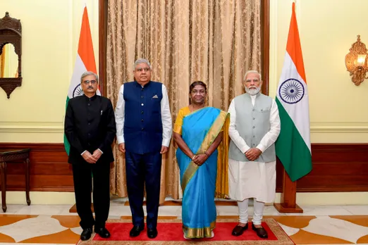President Droupadi Murmu, Vice President Jagdeep Dhankhar, Prime Minister Narendra Modi and Central Vigilance Commissioner (CVC) Praveen Kumar Srivastava after the latter took oath, at Rashtrapati Bhavan in New Delhi,