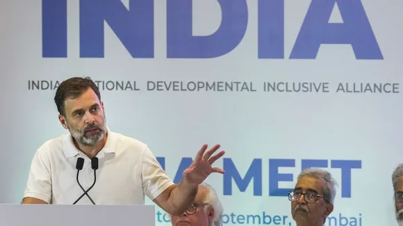 Rahul Gandhi speaks during the Indian National Developmental Inclusive Alliance (INDIA) meeting, in Mumbai, Friday, Sept. 1, 2023.