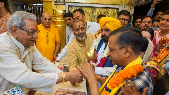 Delhi Chief Minister Arvind Kejriwal visits Hanuman Mandir a day after he got interim bail in a money laundering case, amid Lok Sabha elections, in Delhi's Connaught Place, Saturday, May 11, 2024. 