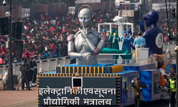 Ministry of Electronics and Information Technology tableau on display during the full dress rehearsal for the Republic Day Parade 2024