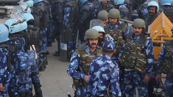 Security personnel deployed at Singhu border in view of farmers' 'Delhi Chalo' march, in New Delhi