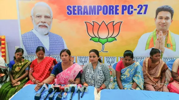 Women of Sandeshkhali address the press conference at BJP office in Hooghly on Monday