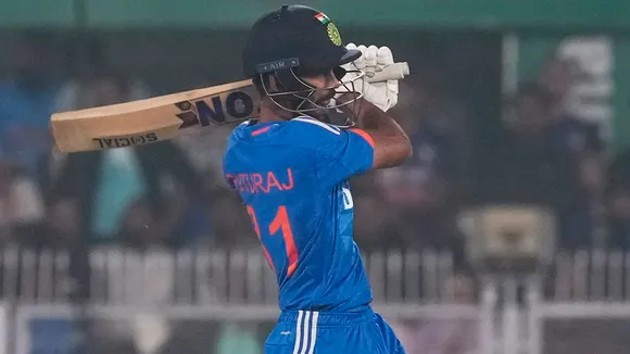 Ruturaj Gaikwad plays a shot during the 3rd T20 cricket match between India and Australia, at the ACA (Assam Cricket Association) Stadium in Guwahati, Tuesday, Nov. 28, 2023