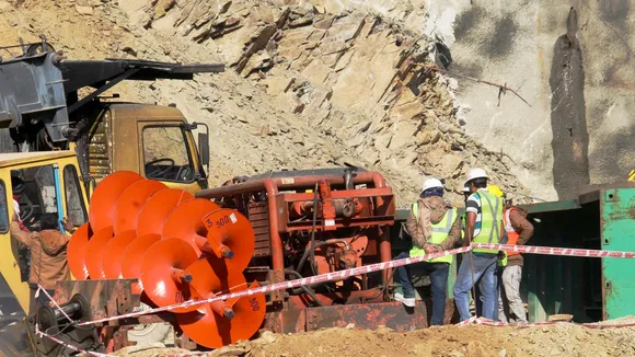 Rescue officials at the under-constrcution Silkyara Tunnel during the rescue operation of 41 workers trapped inside the tunnel, in Uttarkashi district
