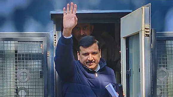 Jailed Aam Aadmi Party (AAP) lawmaker Sanjay Singh being produced in the special court of MP-MLA in connection with the 'dera dalo dera dalo' case, in Sultanpur