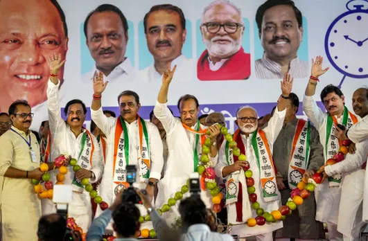 Maharashtra Deputy Chief Minister Ajit Pawar with NCP leaders Praful Patel, Chhagan Bhujbal and others during the meeting of Ajit Pawar-led NCP, in Mumbai
