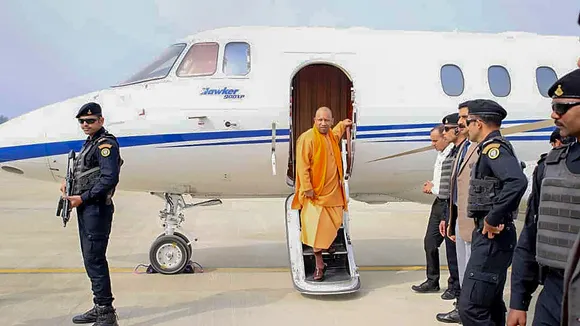 Uttar Pradesh Chief Minister Yogi Adityanath upon his arrival at Ayodhya airport