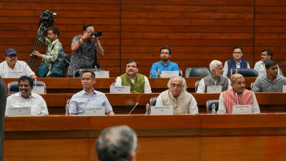 Congress MPs Kodikunnil Suresh, Gaurav Gogoi, Jairam Ramesh and Pramod Tiwari, AAP MP Sanjay Singh, YSRCP MP V. Vijayasai Reddy and other leaders attend the all-party meeting ahead of the Budget session of Parliament, in New Delhi, Sunday, July 21, 2024.