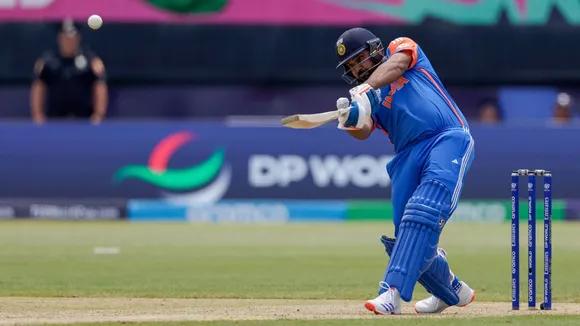 India captain Rohit Sharma plays a shot for six runs against Ireland during an ICC Men's T20 World Cup cricket match at the Nassau County International Cricket Stadium in Westbury, New York, Wednesday, June 5, 2024